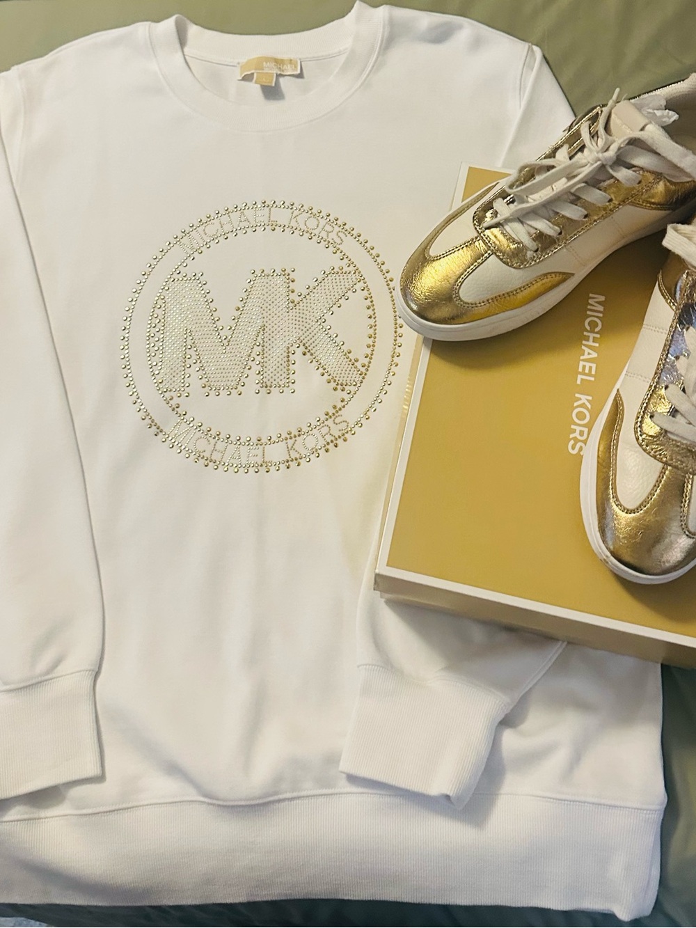 Michael Kors White Sweatshirt with Gold Studded MK Logo and sneakers